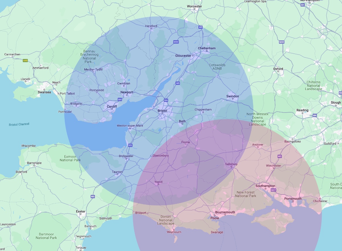 map with Bristol in the centre and a coloured transparent circle showing a 50 mile radius.