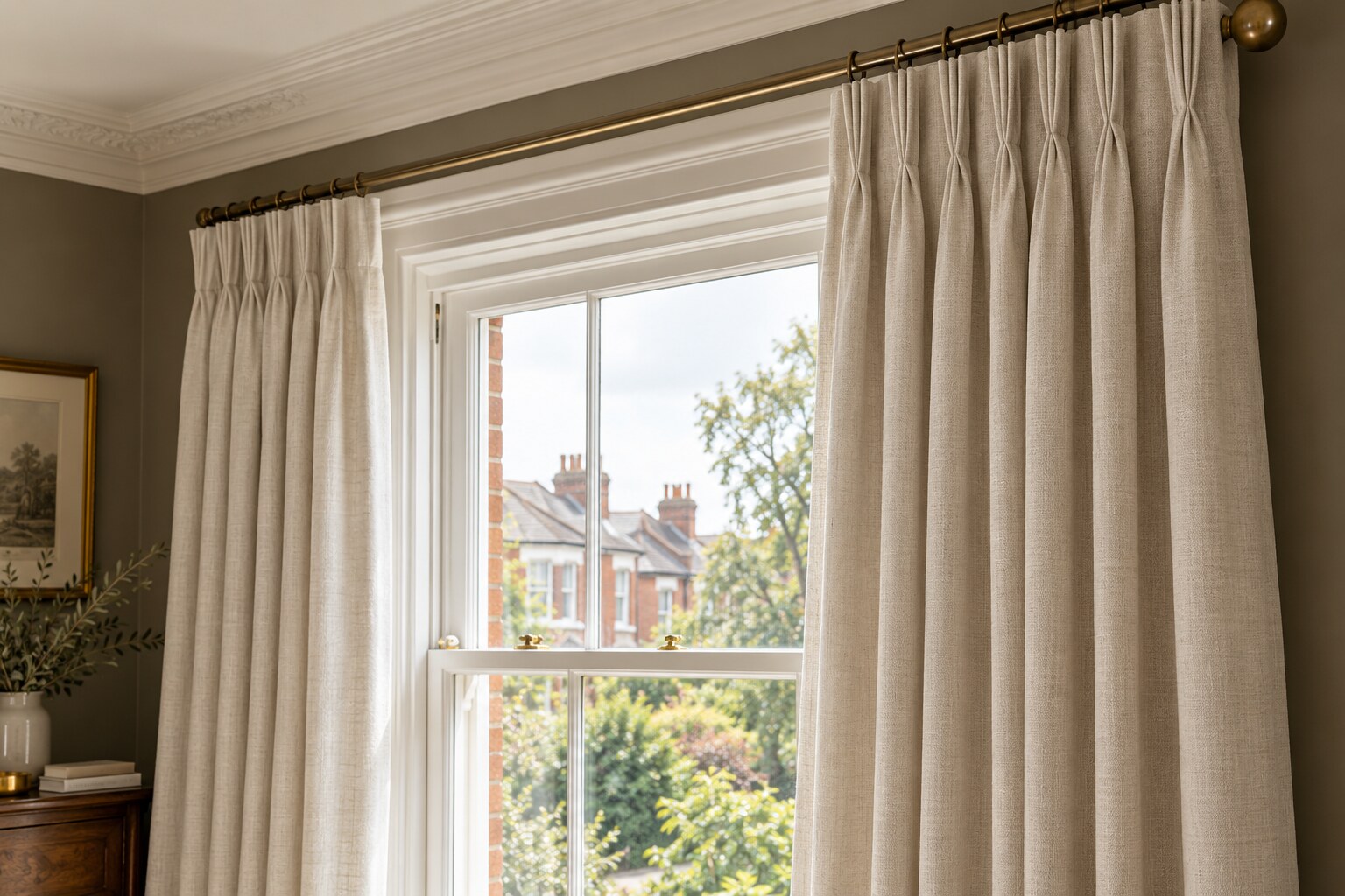 Pleated made-to-measure curtains fitted at a sash window