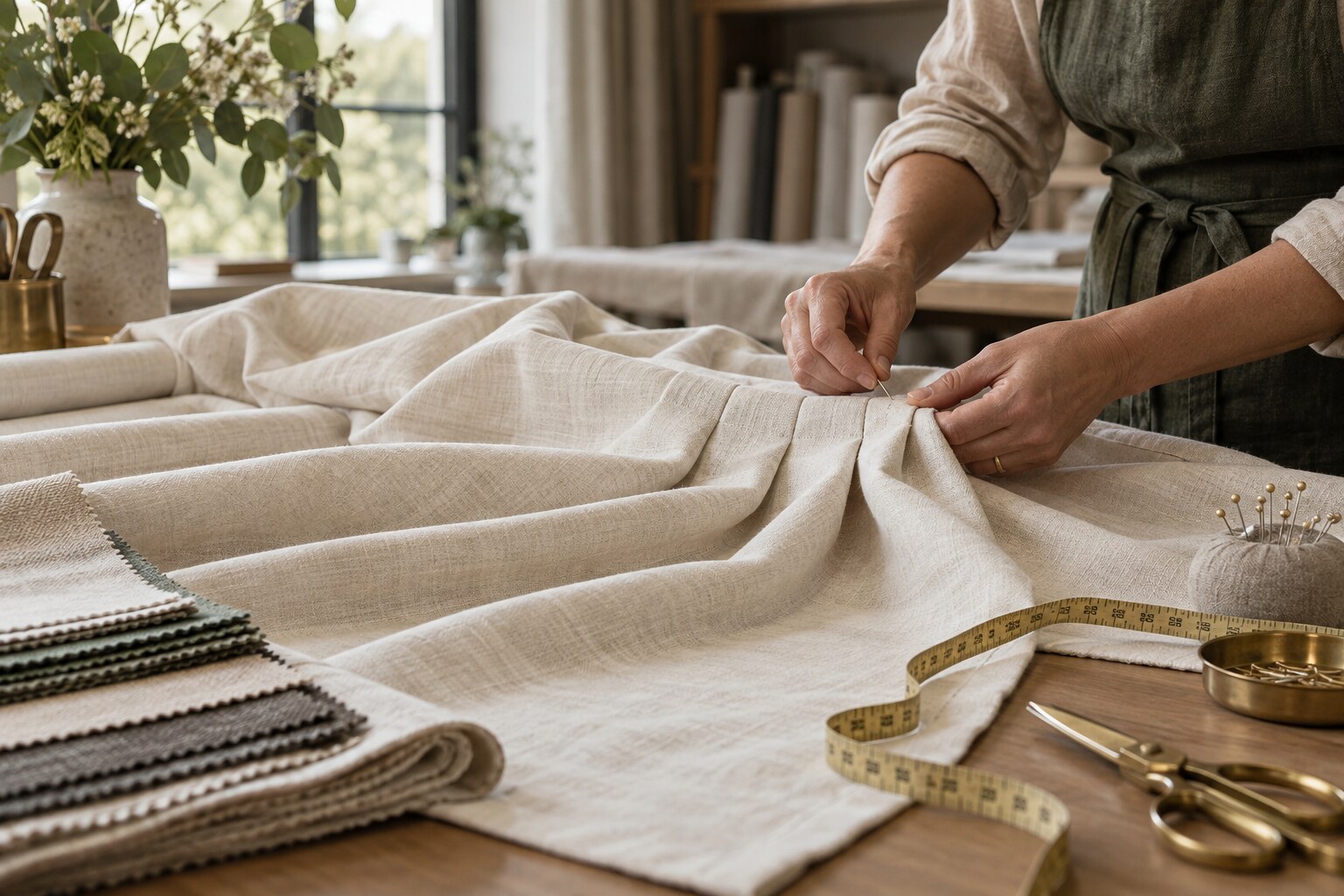 Hand finishing a measured linen curtain panel
