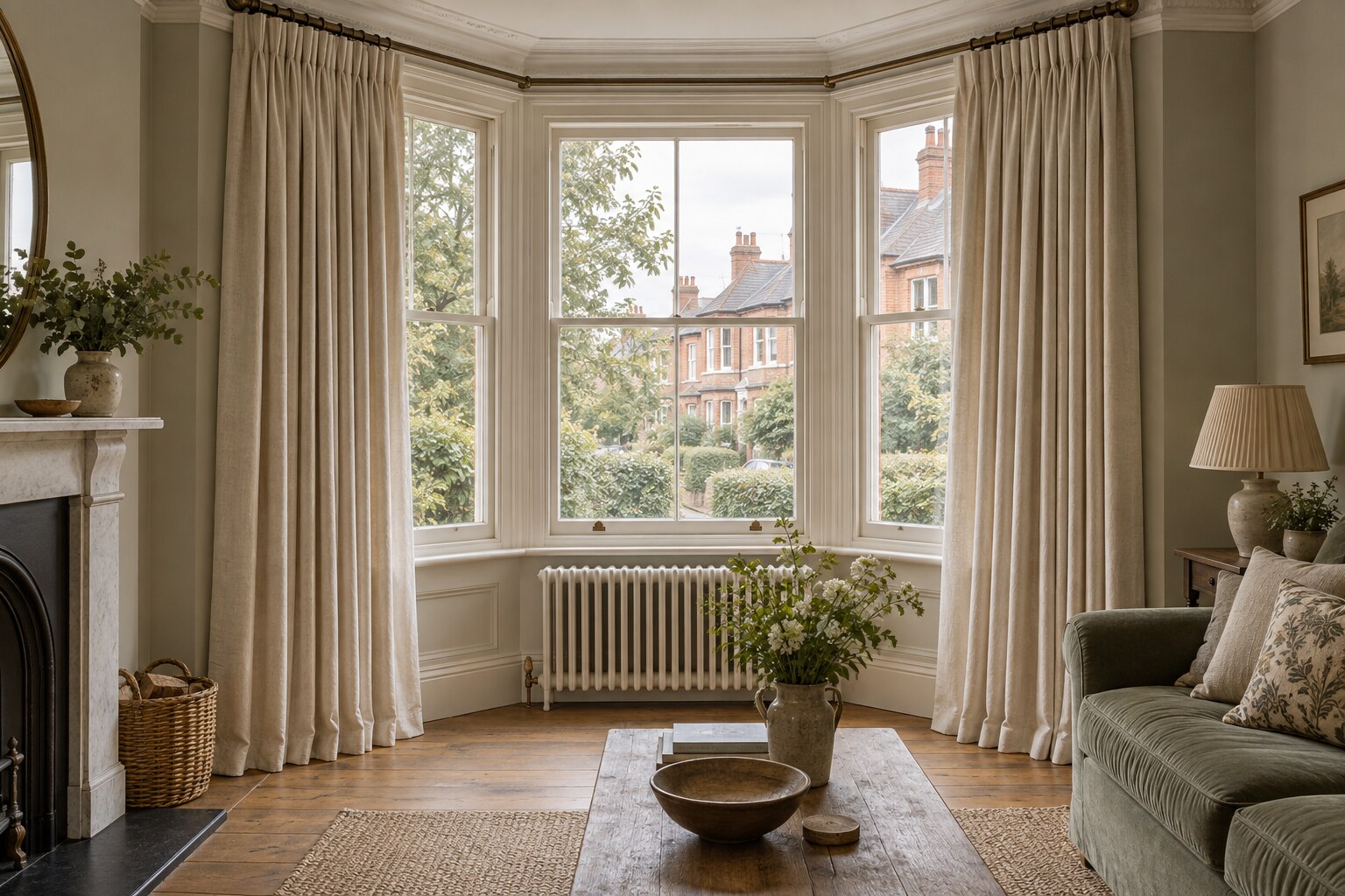 Made-to-measure linen curtains framing a bay window in a British home
